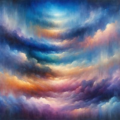 The primary subject of the image is a painting of a cloudy sky. The setting is a cloudy sky with a blue background. The visual style is a painting, and the colors and mood are predominantly blue and purple, creating a serene and calming atmosphere.